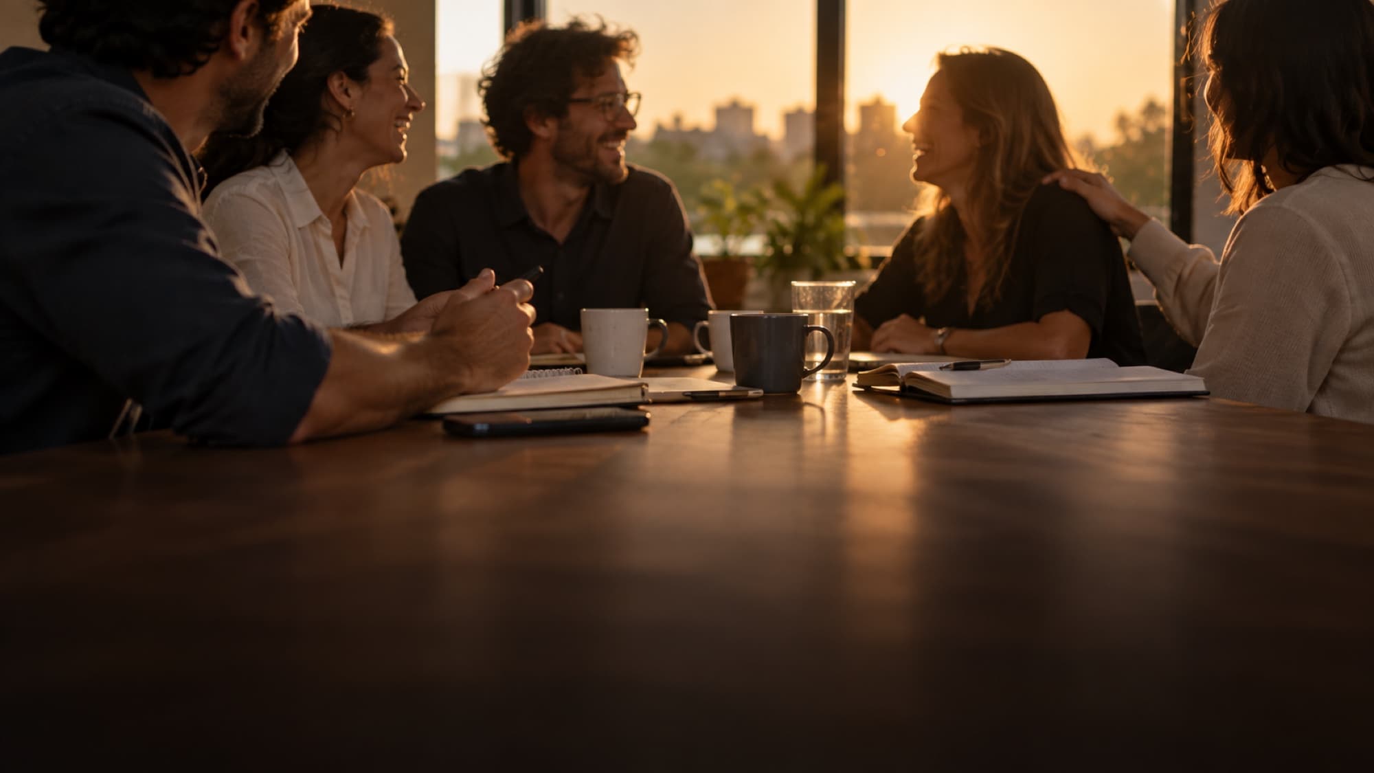 Equipe de uma empresa pequena rindo em volta da mesa no fim do dia